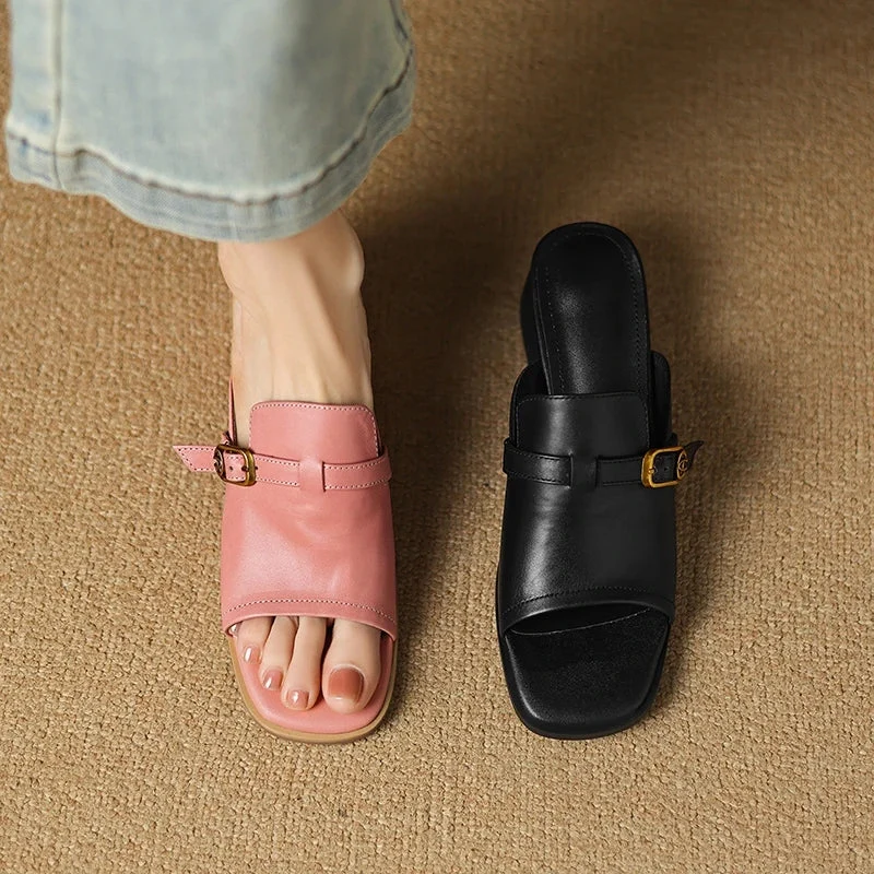 Gerardine | Leather Buckle Mid Heel Slides