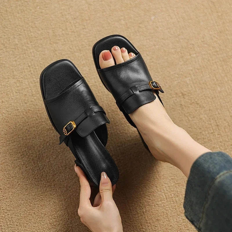 Gerardine | Leather Buckle Mid Heel Slides