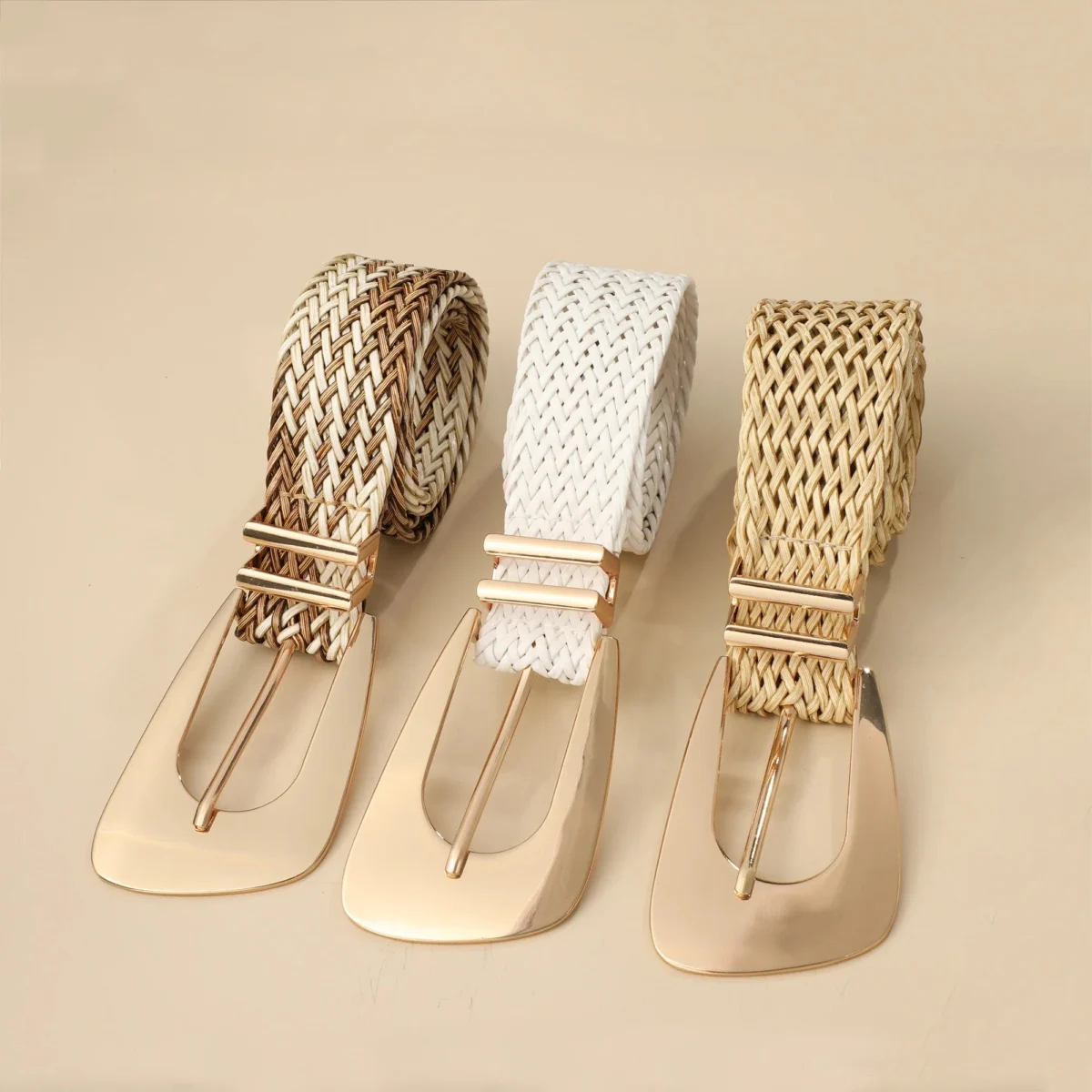 Woven Stretch Belt, Hooked Gold Buckle
