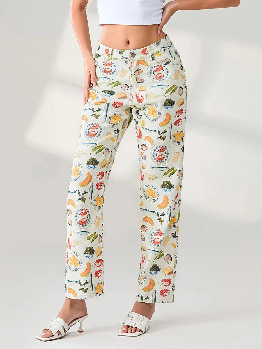 Marcelina | Printed Denim Straight Leg Jeans