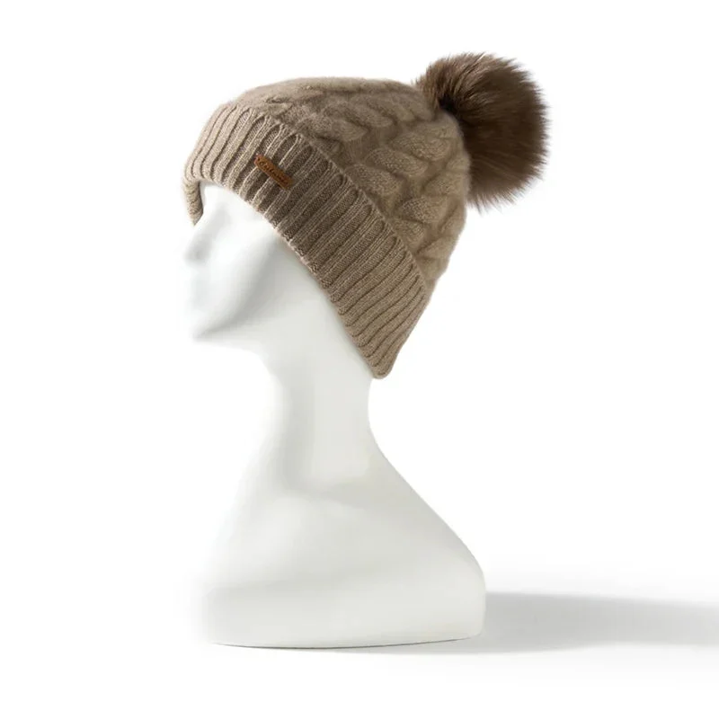 Hand-Knit Cashmere Beanie, Fur Pom