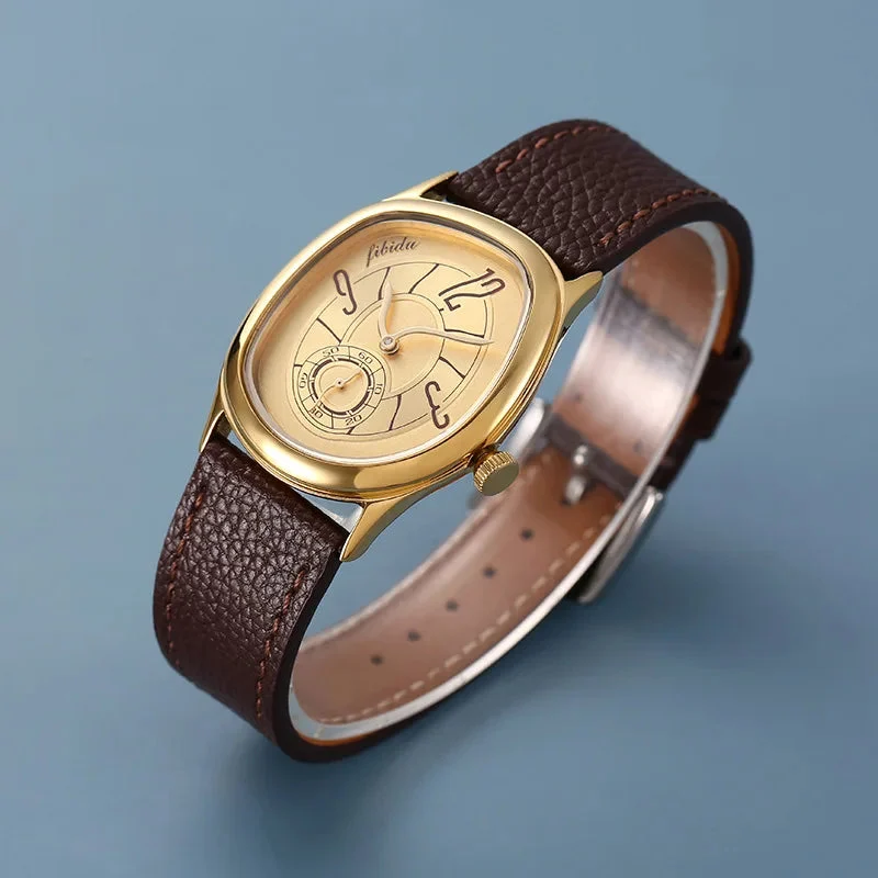 Faceted Steel Watch, Leather Strap