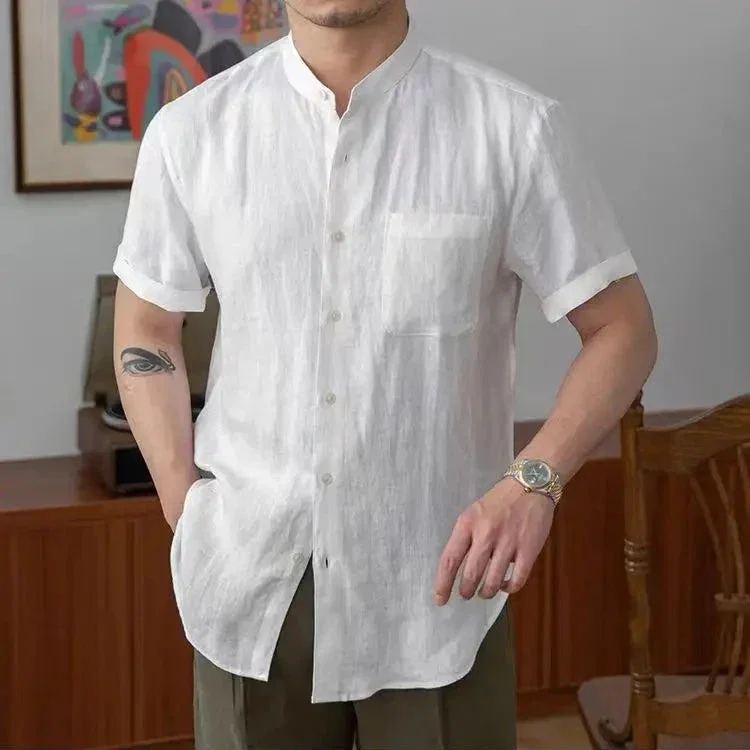 Adélard | Cotton Linen Stand Collar Shirt