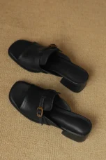 Gerardine | Leather Buckle Mid Heel Slides
