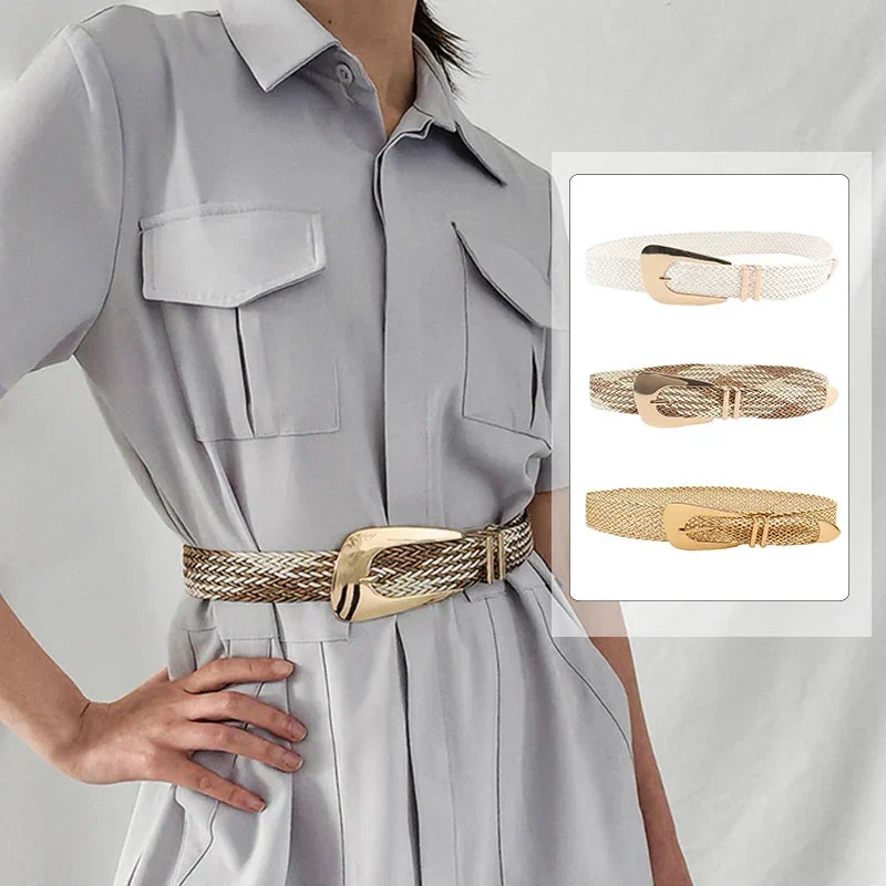 Woven Stretch Belt, Hooked Gold Buckle