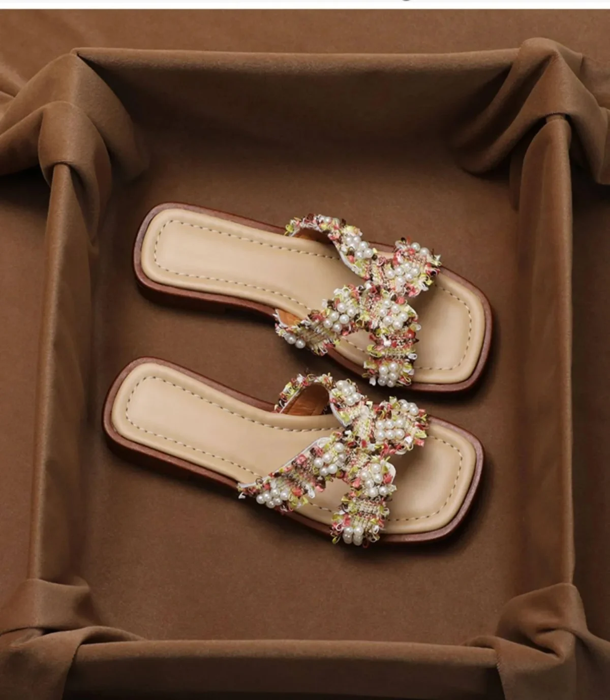 Inez | Pearl Detail Peep Toe Slides