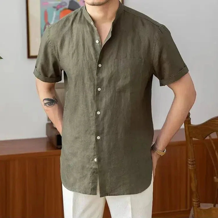 Adélard | Cotton Linen Stand Collar Shirt