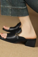Gerardine | Leather Buckle Mid Heel Slides