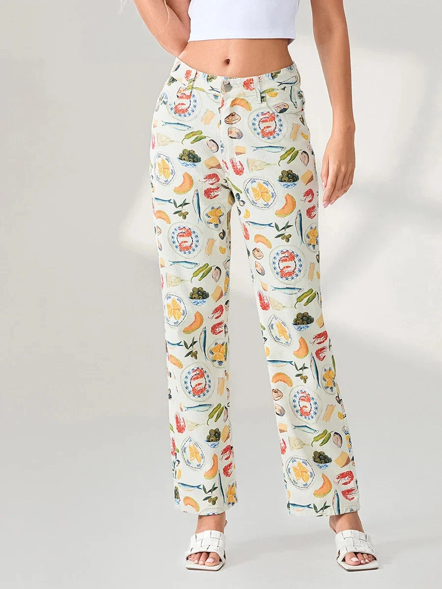 Marcelina | Printed Denim Straight Leg Jeans