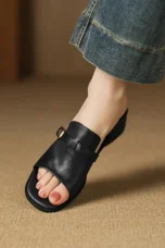 Gerardine | Leather Buckle Mid Heel Slides