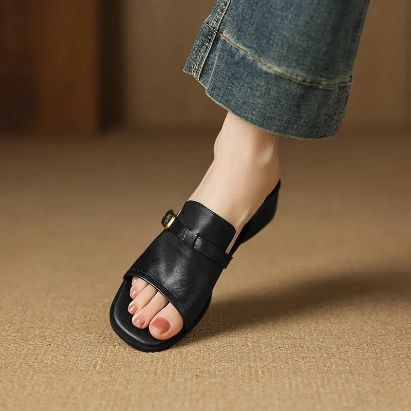 Gerardine | Leather Buckle Mid Heel Slides