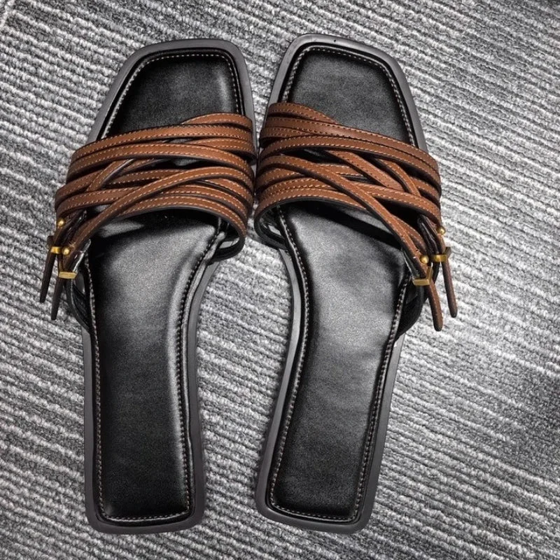 Venise | Leather Square Toe Buckle Slides