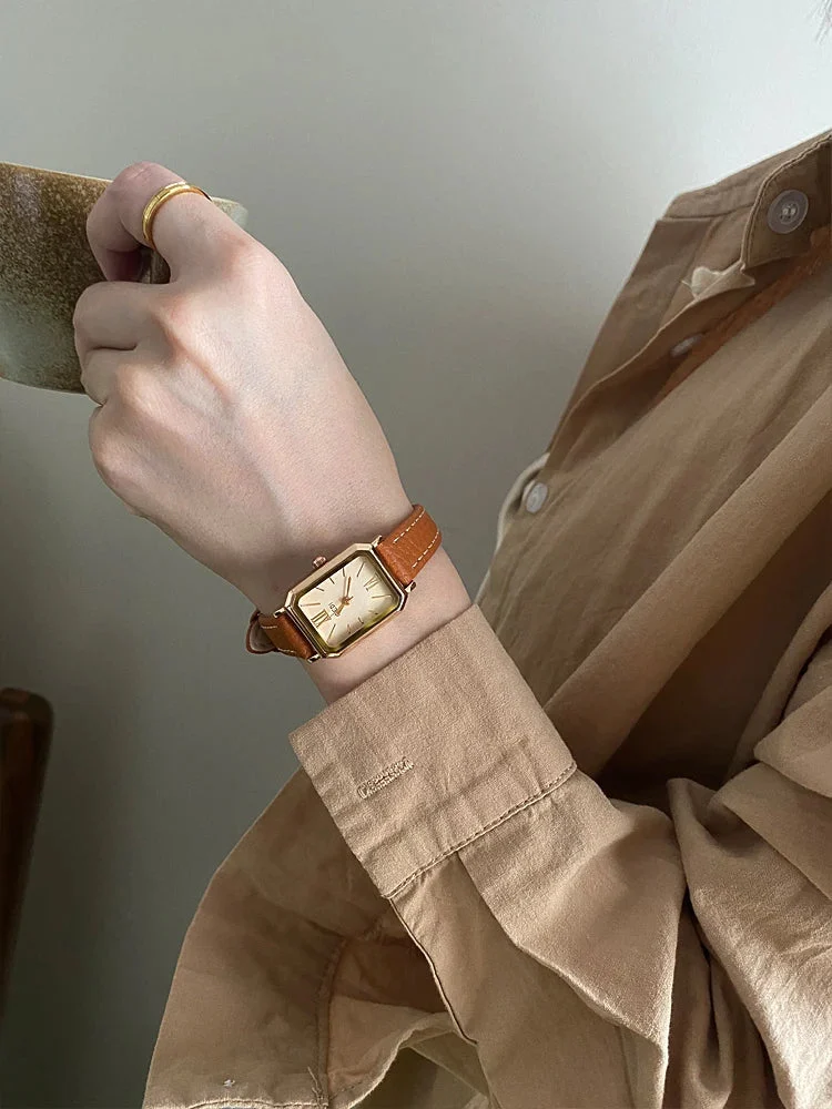 Rectangular Steel Watch, Leather Strap