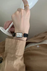 Rectangular Steel Watch, Leather Strap