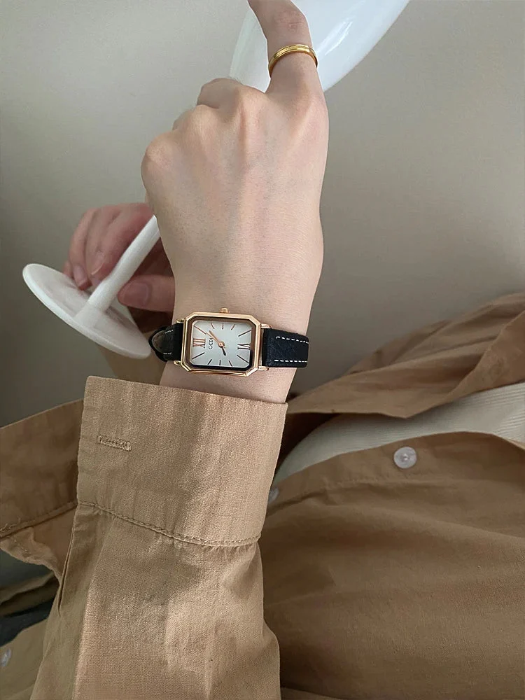 Rectangular Steel Watch, Leather Strap