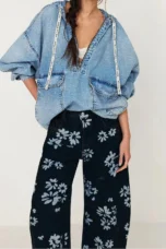 Celine | Printed Cotton Denim Wide Leg Jeans