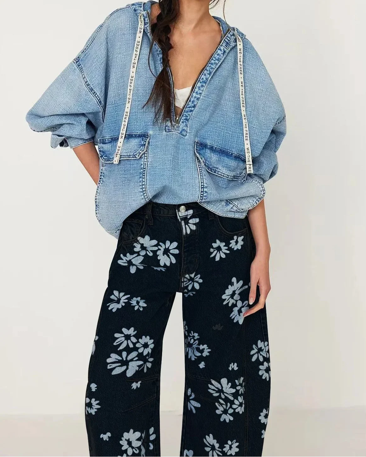 Celine | Printed Cotton Denim Wide Leg Jeans