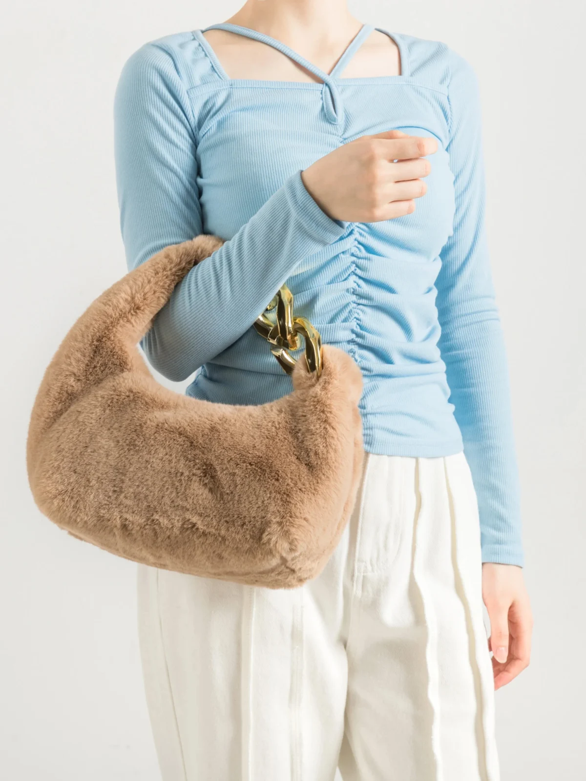 Faux Fur Crescent Bag, Chain Strap