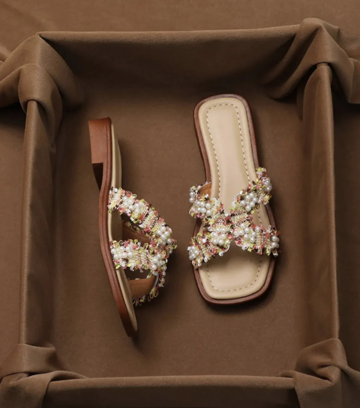 Inez | Pearl Detail Peep Toe Slides