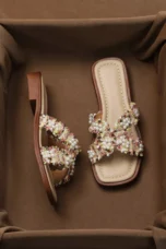 Inez | Pearl Detail Peep Toe Slides