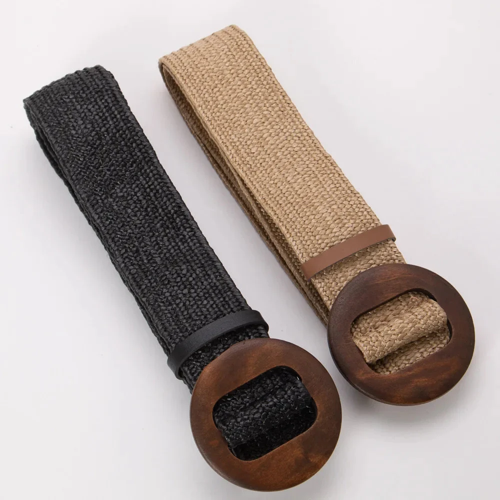 Woven Straw Belt, Wood Ring Buckle