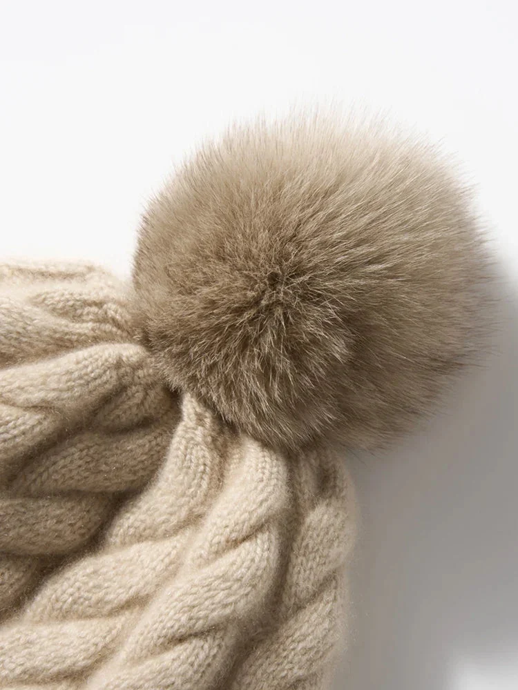 Hand-Knit Cashmere Beanie, Fur Pom