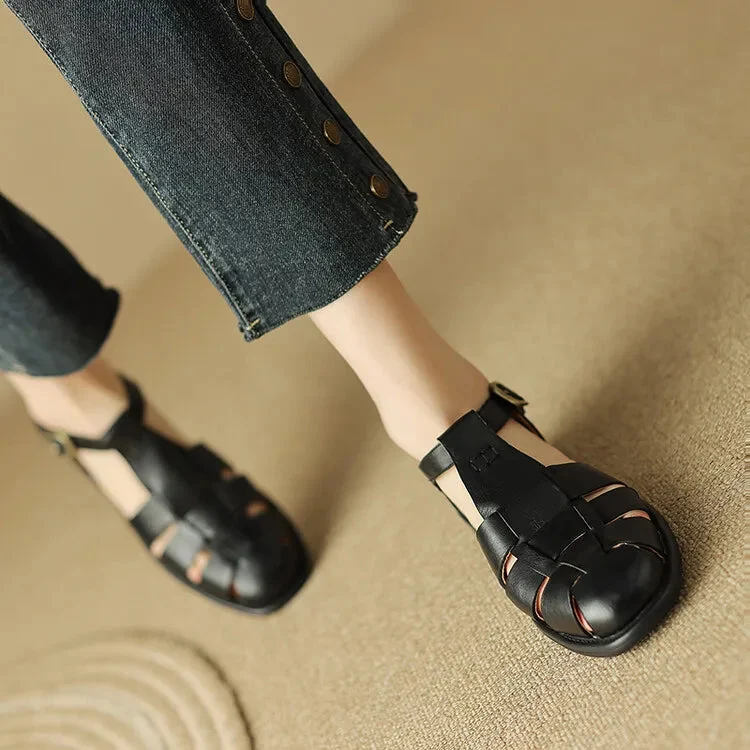Arminda | Woven Leather T-Strap Sandals