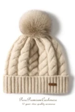 Hand-Knit Cashmere Beanie, Fur Pom