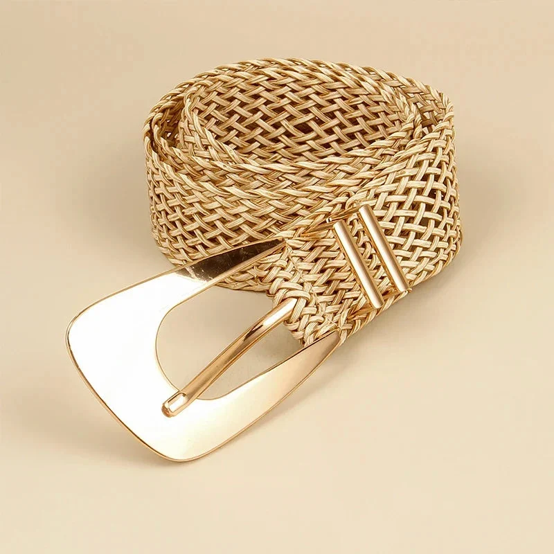 Woven Stretch Belt, Hooked Gold Buckle