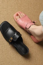 Gerardine | Leather Buckle Mid Heel Slides