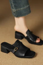 Gerardine | Leather Buckle Mid Heel Slides