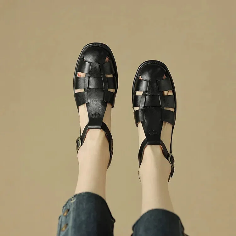 Arminda | Woven Leather T-Strap Sandals