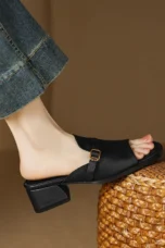 Gerardine | Leather Buckle Mid Heel Slides