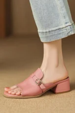 Gerardine | Leather Buckle Mid Heel Slides