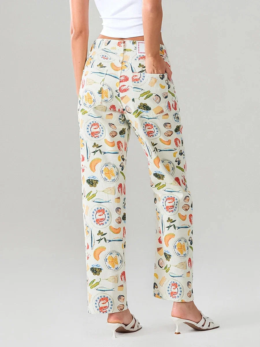 Marcelina | Printed Denim Straight Leg Jeans