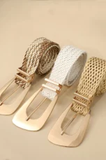 Woven Stretch Belt, Hooked Gold Buckle