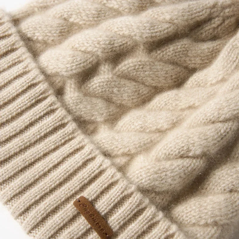 Hand-Knit Cashmere Beanie, Fur Pom