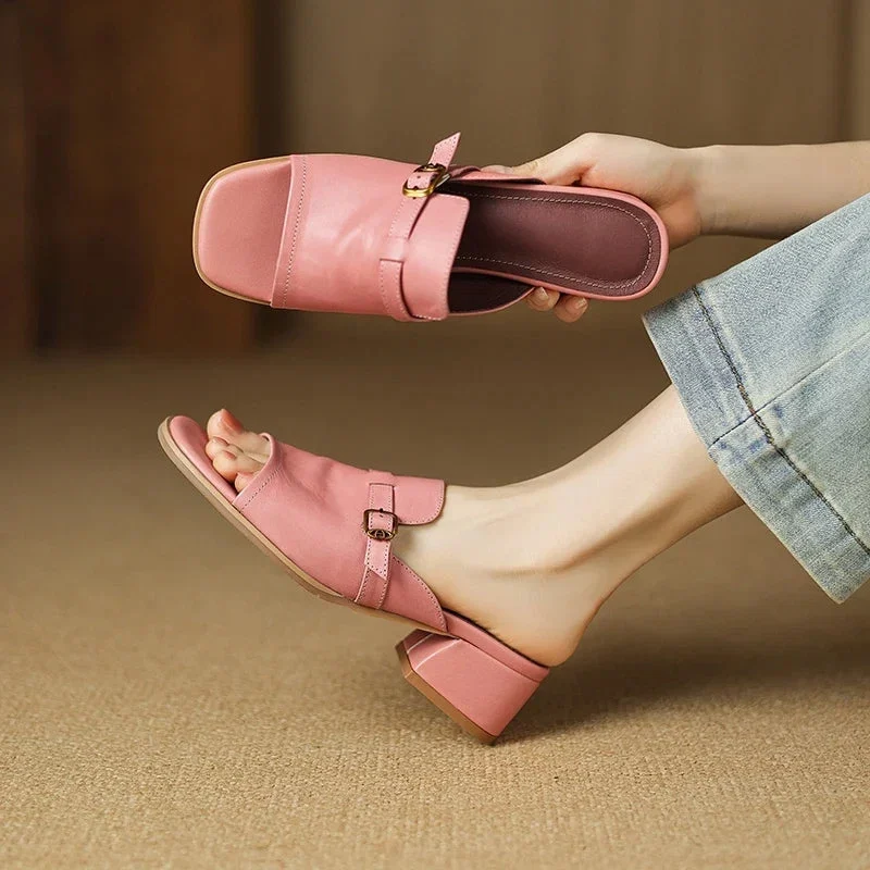 Gerardine | Leather Buckle Mid Heel Slides