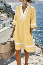 Olive | Striped Cotton Split Neck Dress