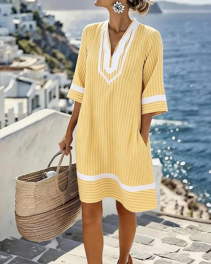 Olive | Striped Cotton Split Neck Dress