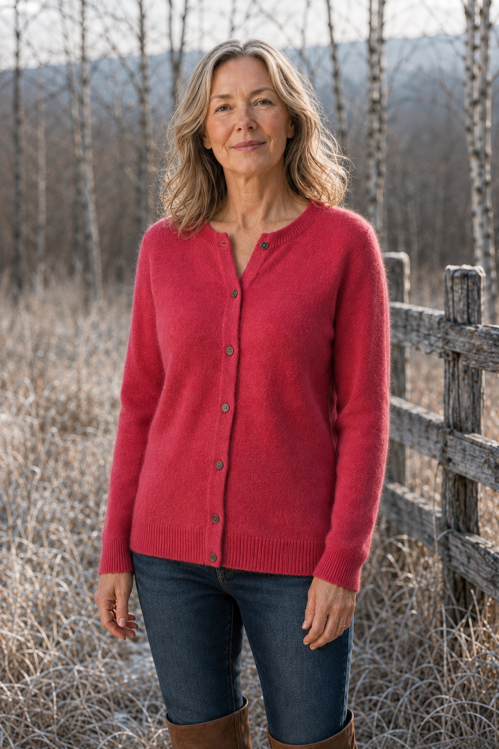 Angelique 70/30 Merino Cashmere Cardigan in dark pink, outdoor editorial view