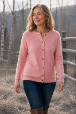 Angelique 70/30 Merino Cashmere Cardigan in light pink, natural walking editorial view