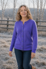 Angelique 70/30 Merino Cashmere Cardigan in purple, outdoor editorial view