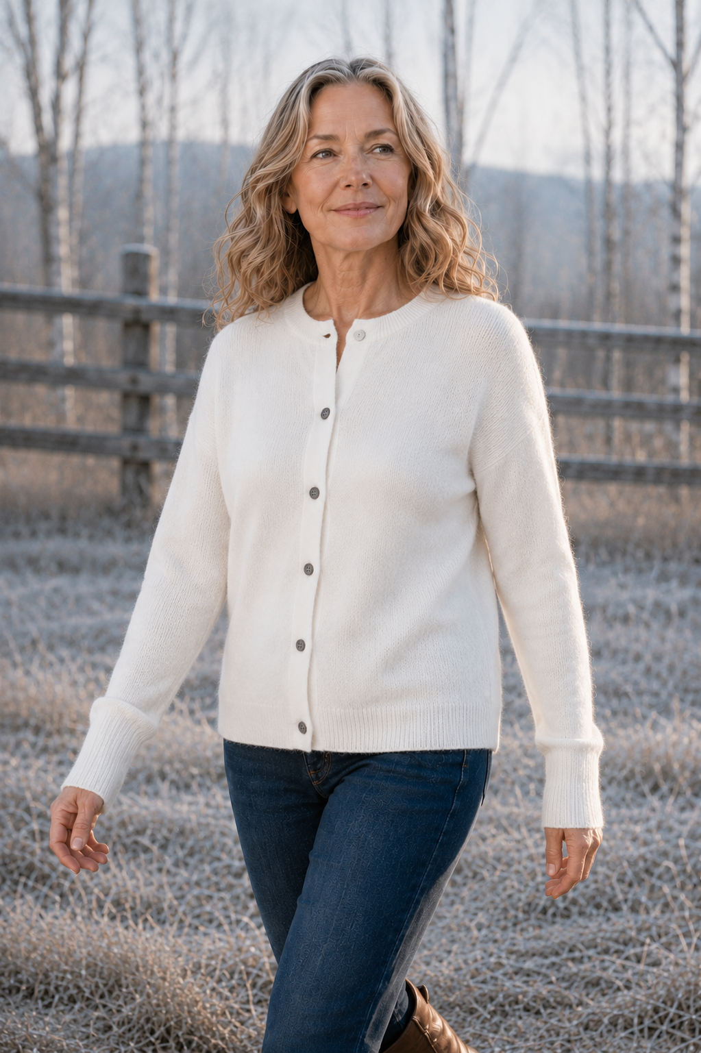 Angelique 70/30 Merino Cashmere Cardigan in white, outdoor editorial view
