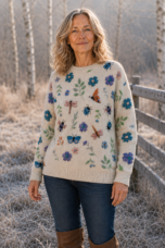 Armandine Botanical Print Sweater in cream, outdoor editorial view