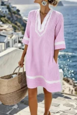 Olive | Striped Cotton Split Neck Dress