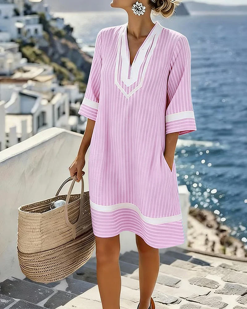 Olive | Striped Cotton Split Neck Dress