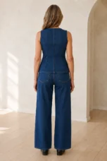 Cotton Denim Vest And Shorts Set back view
