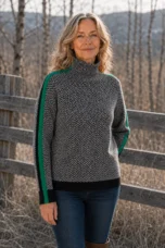 Barbara Striped Cotton Turtleneck in green, outdoor editorial view
