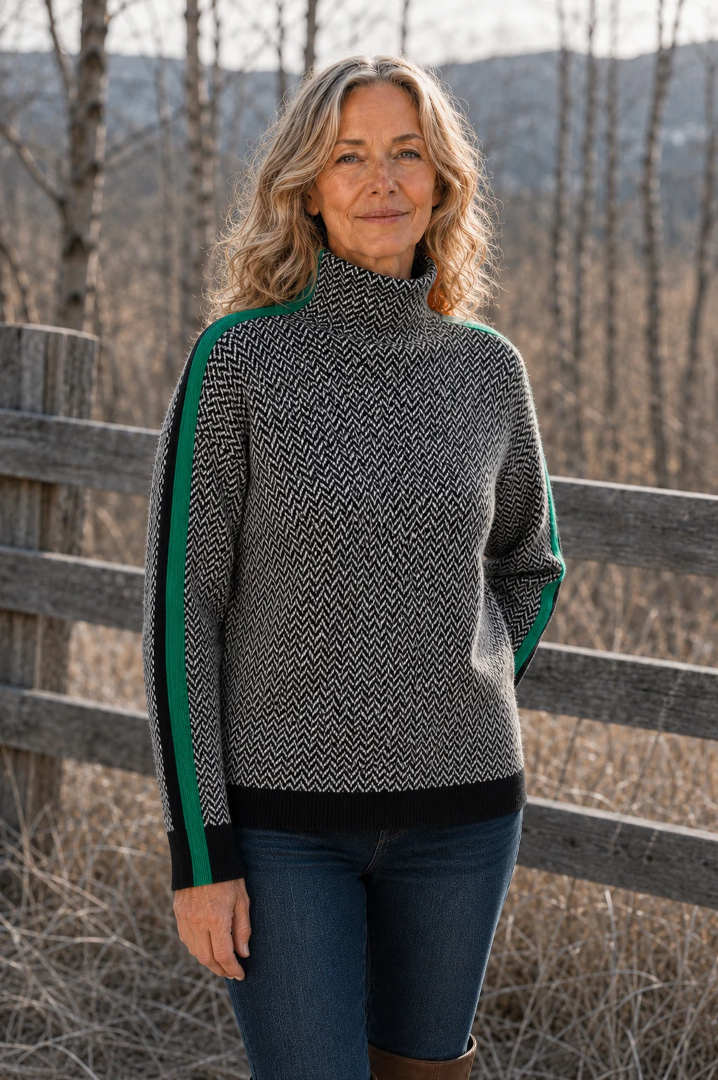 Barbara Striped Cotton Turtleneck in green, outdoor editorial view